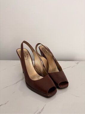 Prada Brown Leather Peep-Toe Slingback Heels